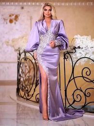 Party Dresses Luxury Lilac Satin Mermaid Evening Gown 2024 Long Puffy Sleeve Beaded Crystal Split Arabian Prom