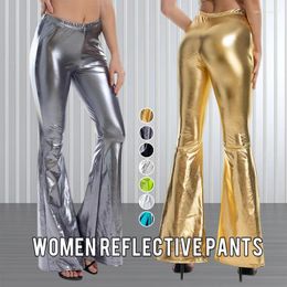 Women's Pants 2024Women Sexy PU Leather Metallic Shiny Holographic Flare Lady Elastic Waist Flared Trousers Dance Performance Club