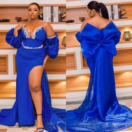 African Plus Size Evening Dresses Prom Dresses Royal Blue Sexy Side Split Formal Gowns With Big Bow Wrap Birthday Dinner Gowns for Black Women Birthday Party AM460