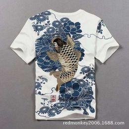 Embroidered T-Shirt For Men/Authentic Embroidered Short Sleeved/Chinese Style Embroidered Short Sleeved T Embroidered Carp 0112