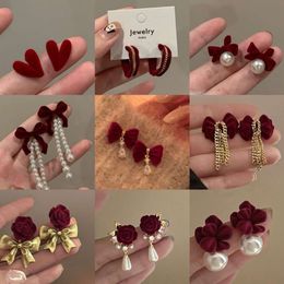 Sier Needle Veet Bowtie Pearl Tassel Red Sweet Cute Earrings, Unique Autumn and Winter Versatile Earrings