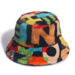 New Outdoor Multicolor Rainbow Faux Fur Letter Pattern Bucket Hats Women Winter Soft Warm Gorros Mujer fishing zebra Fashion295w