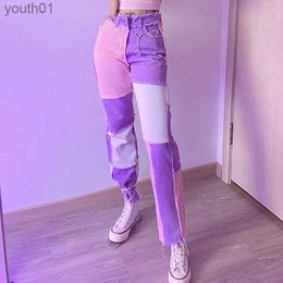 Women's Jeans 2020 New Hip Hop Autumn Blue/Pink Patchwork Jeans Women High Waist Hip Hop Straight Jeans Ladies Trousers Female Denim for Woman 240304