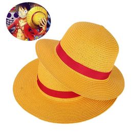 Boy Girl One Piece Cap Straw Hat Neck String Luffy Flat Hats Cosplay Japanese Cartoon Props Kid Red Stripe Beach YF001 Wide Brim275C