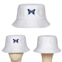 Panama with Butterfly Canvas Bucket Hat White Butterfly Embroidery Double-sided Wearable Basin Caps Outdoor Travel Visor Hat261o