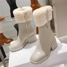 Sports shoes 2024 Asigos Fashion Rain New Square Headed Mid Barrel Lamb Fleece Bottom Thick Heel Side Zipper Martin Boots