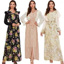 Ethnic Clothing Elegant Floral Print Party Dresses Women 2024 Autumn Abaya Long Kaftan Muslim Dress Dubai Turkey Caftan Arabic Robe Islam