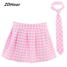 skirt Women Schoolgirls Role Play Mini Skirt Costume Fancy Dress Ball Outfit Zipper Plaid Pleated with Necktie