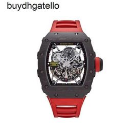 RicharsMill Watch Top Clone Swiss Mechanical Movement Mens Watch 35-02 Carbon Fibre TPT Red StrapZ384