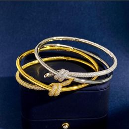 knotted half diamond gold Bangle luxury designer monogram hollow bracelet diamond 18K plated 925 stainless steel wedding lovers gi2896