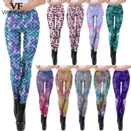 Leggings VIP FASHION Fish Scale Mermaid Leggings Women Print Colorful Soft Sports Skinny Running Pants Spandex Trousers