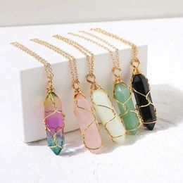 Pendant Necklaces Punk Style Temperament Geometric Wire Wrapped Hexagonal Collarbone Necklace Semi Precious Stone