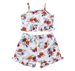 Girls Cotton Blends Rose Print Suspender Belt Tops and Short Trousers Set Twopiece Children Summer Sleeveless TShirt and Short P2466402