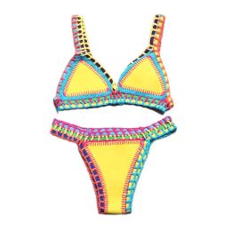 Set Bikini Crochet 2022 Handmade Knit Patchwork Reversible 2 Piece Swimsuit Women Halter Top Brazilian Bathing Suit Thong Swimwear