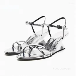 s Sandals Wedges High Heels Metallic Sliver Bling for Women Narrow Band Buckle Strap Sexy Brand Shoes Open Toe Summer Party Sandal Wedge Heel Shoe