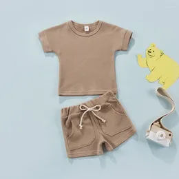 Clothing Sets 2Pcs Summer Kids Girls Boys Suit Set Soft Cottton Solid Colour Short Sleeve T-Shirt Shorts With Pockets For Toddler Children