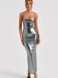 Casual Dresses Fashion Shiny Spaghetti Strap Metallic Long Party Club Outfits For Ladies Backless Stretchy Body-shaping Prom Vestidos