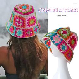 Berets Coloured Crochet Cute Bucket Hats Women's Vintage Flowers Knitted Hat Girls Summer Korean Ins Fashion Y2K Hollow Beach
