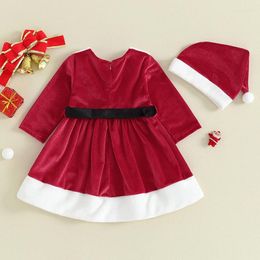 Girl Dresses Baby Christmas Costume Long Sleeve Patchwork A-line Dress With Hat Winter Clothes