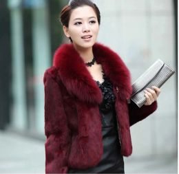 Fur Women's Real genuine natural rabbit fur coat with fox fur collar girl's fashion fur jacket short style warm winter