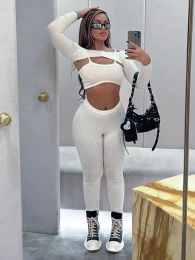 Suits Kliou Solid Ribbed Three Piece Set Women Sexy Camisole Matching Long Sleeve Tops+ High Waist Stretchy Pants Female Casual Outfit