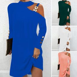 Casual Dresses Autumn Winter Elegant Simple Dress Women Halter Neck Loose Solid Colour Off Shoulder Sexy Button Sling Pullover Mini