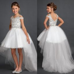 Bling Hi Low Cold Shoulder Girls Pageant Dresses 2022 With Sleeves A line Sparkly Beaded Crystal Tulle Kids Formal Party Dress8136847