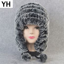 Russian Winter Real Earflap Hat Women Knitted Genuine Skullies Cap DIY Warm Soft Rex Rabbit Fur Beanies Caps Y201024254H