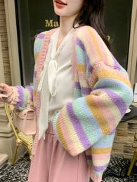 Grunge Rainbow Striped Women Cardigans Y2k Aesthetic Loose Sweet Sweaters Casual Kawaii Harajuku Preppy Knitwear Spring 240219
