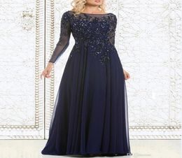 2019 Top Selling Elegant Navy Blue Mother of The Bride Dresses Chiffon SeeThrough Long Sleeve Sheer Neck Appliques Sequins Evenin7431076