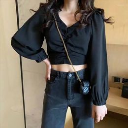 Women's Blouses Puff Sleeve Crop Top Women V Neck Long Vintage Shirt Blouse Solid Color Black White Short Tee Shirts Korean Fashion 2024