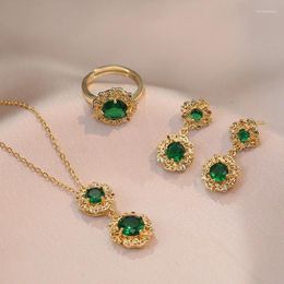 Necklace Earrings Set Bridal Gree Stone Round Zircon Big Flower Drop Ring Pendant Stainless Steel Clavicle Necklaces For Women