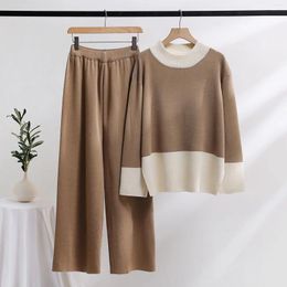 Women's Two Piece Pants Spring Autumn Knitted Sweater Home Suits Fashion Loose Long Sleeve Tops Sleepwear 2PCS Set Outfits