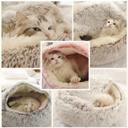 Mats 2 In 1Pet Dog Cat Bed Round Plush Cat Warm Bed House Soft Long Plush Bed for Small Dogs Cats Nest Donut Warming Sleeping Bed