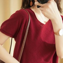 Women's T Shirts T-shirt Summer Style Cotton Knitted Short-sleeved Casual Solid Color Tees V-neck Pullover Loose Hollow Tops