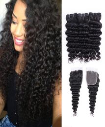 Brazilian Deep Wave Hair 3 Bundles with 44 Lace Closure Natural Color double weft no shedding weaving1374129