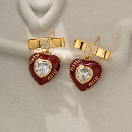 French Spring Fashion Love Bow Red earrings full diamonds crystal Designer Jewelry E2024-9