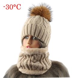 2020 Womens Hat With Scarf Warm Fleece Inside Beanie Girls Winter Cap For Women Real Mink Fur Pompom Hat Female Knitted Caps LJ200275k