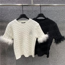 Womens Knits T Shirts Tees Design Sleeve Splicing Feathers Knitted Sweaters Short Sleeve Tops Streetwear