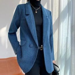 Blazers Herringbone pattern single button woolen suit jacket ladies new autumn and winter cotton clip thick retro simple suit jacket