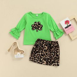 Clothing Sets 2024 0-4y Fashion Kids Girl Set Clover Pattern Green Flare Long Sleeve T-shirt Leopard Print A-line Skirt Spring 2pcs