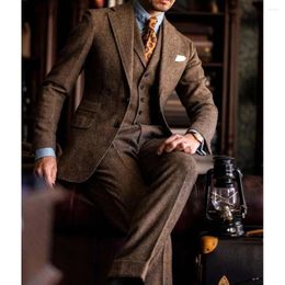 Men's Suits Luxury Brown Tweed Elegant 3 Piece Jacket Pants Vest Notch Lapel High Quality Formal Business Outfits Male Clothing