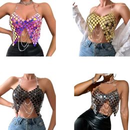 Women's Tanks Women Sexy Sequins Halter Bras Crop Top Backless Metal Tassels Body Chain Camisole For Nightclub Party Outfit