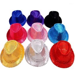 Wide Brim Hats Adult And Child Unisex Brilliant Glitter Sequins Hat Dance Fedora Kid Cap Solid Jazz Party Costum 2size1264k