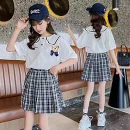 Clothing Sets Junior Girls Pleated Skirt Suits 2024 Summer Sweet Lapel Short Sleeve Jk Uniform Kids Loungewear Children Clothes