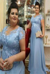 light blue Plus Size Chiffon Mother of the Bride Dresses With Short Sleeves evening gowns Lace Empire Waist Arabic Mother039s D1394912