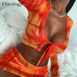 Suits Chicology neon mesh 2 two piece set lace up crop top skirt lady outfits women 2020 summer sexy club clothes festival streetwear