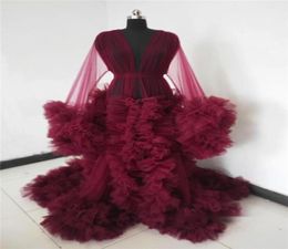 Real Image Women Night Gown Pyjama Dark Red Bathrobe Bride Sleepwear Ruffles Soft Tulle Robes Custom Made Pregnant Dress7376891