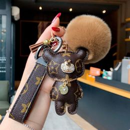 Designer keychain bear leather fur ball charm key chain car pendant metal fashion personality creative couple Chequered variety of160t