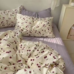 Romantic Cherry Heart Duvet Cover Set Flat Sheet Pillowcases Fashion Twin Full Floral Summer Spring Bedding 240226